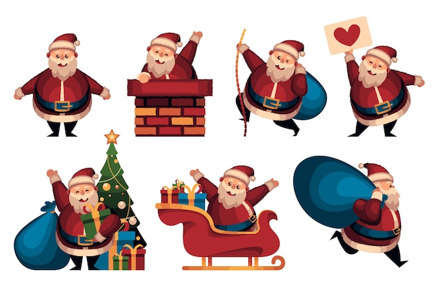 Coleção de personagens planas do Papai Noel desenhada à mão