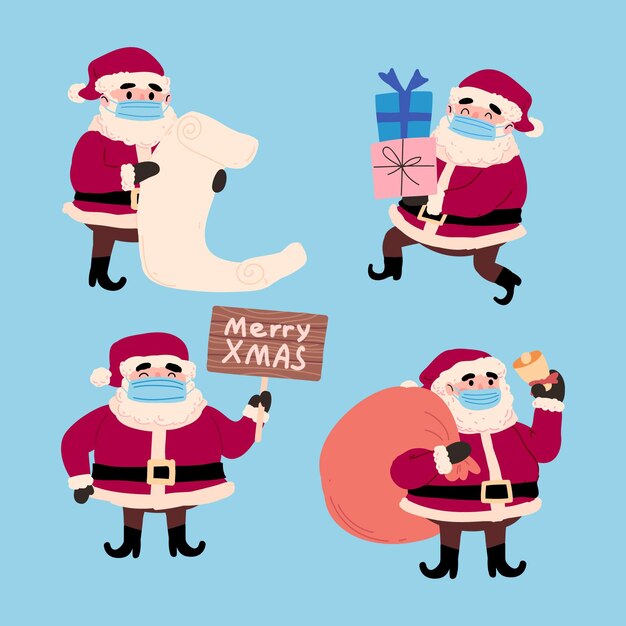 Coleção de personagens planas do Papai Noel desenhada à mão