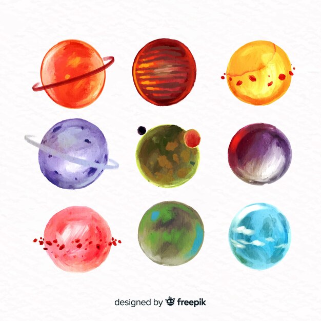 Coleção de planetas de aquarela colorida