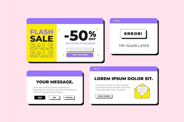 Vetor grátis coleção de pop-ups de design plano