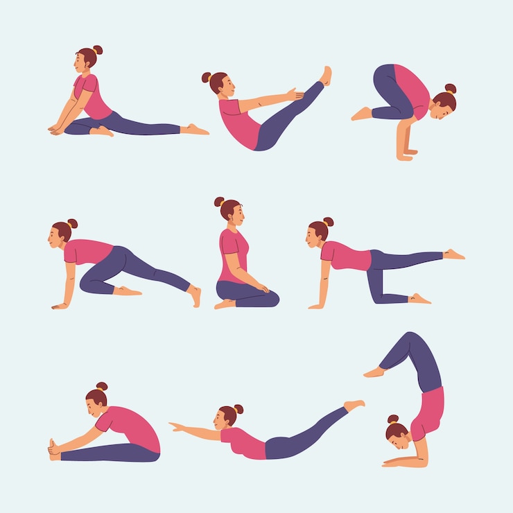 Vetor grátis coleção de poses de ioga plana