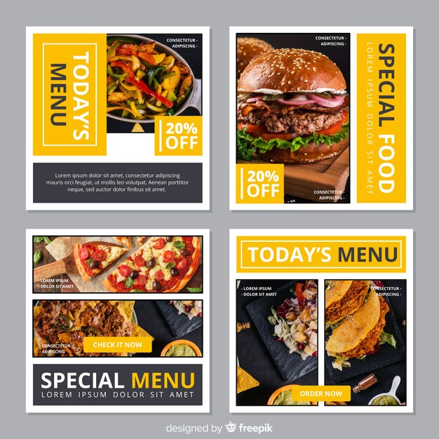 Coleção de postagens culinárias do instagram com foto