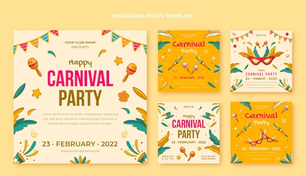 Coleção de postagens de carnaval desenhadas à mão