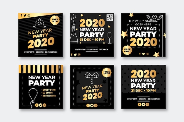 Vetor grátis coleção de postagens de festa do ano novo 2020