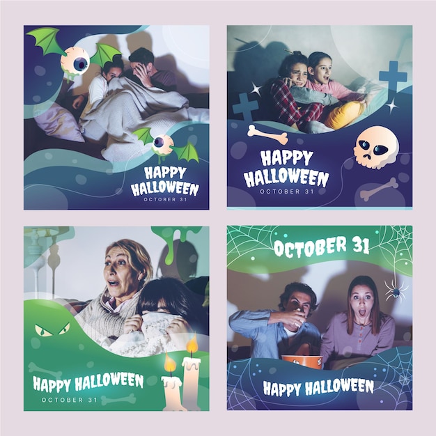 Vetor grátis coleção de postagens de instagram de halloween gradiente com coleção de histórias de instagram de fotos