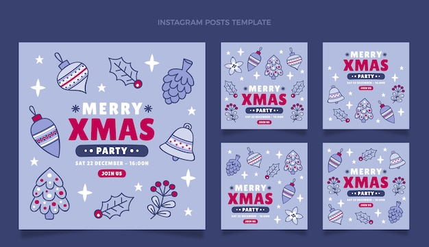 Coleção de postagens de instagram de natal desenhada à mão