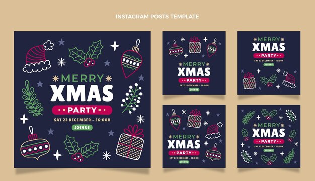 Coleção de postagens de instagram de natal desenhada à mão