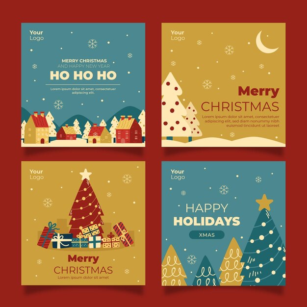 Coleção de postagens de instagram de natal desenhada à mão