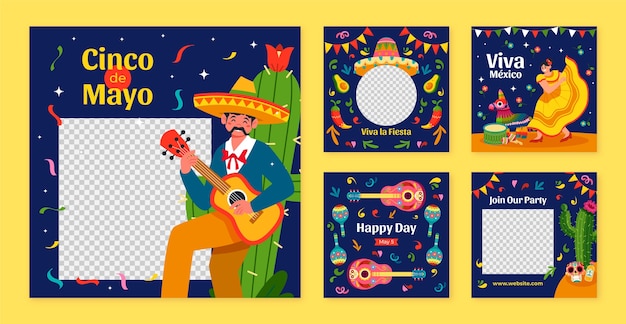 Vetor grátis coleção de postagens de instagram para a celebração mexicana do cinco de mayo