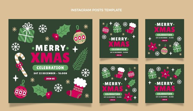 Coleção de postagens de instagram planas desenhadas à mão