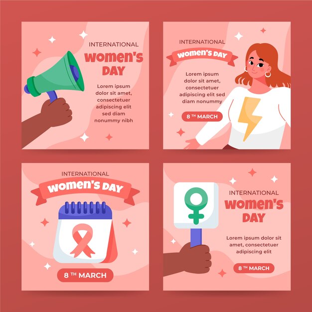 Coleção de postagens de mídia social do dia internacional da mulher plana
