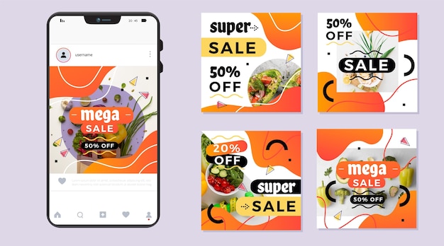 Coleção de postagens de venda instagram gradiente com foto