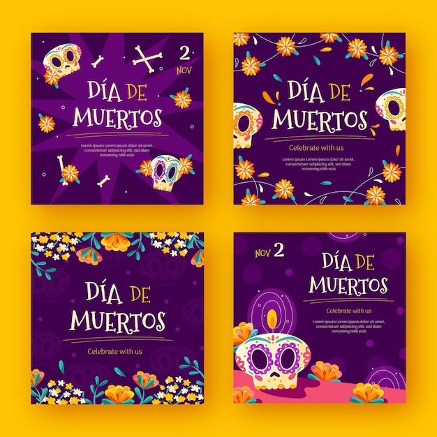 Coleção de postagens do instagram com dia de muertos plano