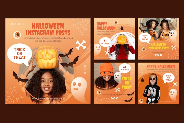 Vetor grátis coleção de postagens do instagram com gradiente de halloween com foto
