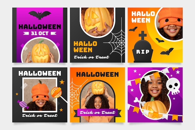 Vetor grátis coleção de postagens do instagram com gradiente de halloween