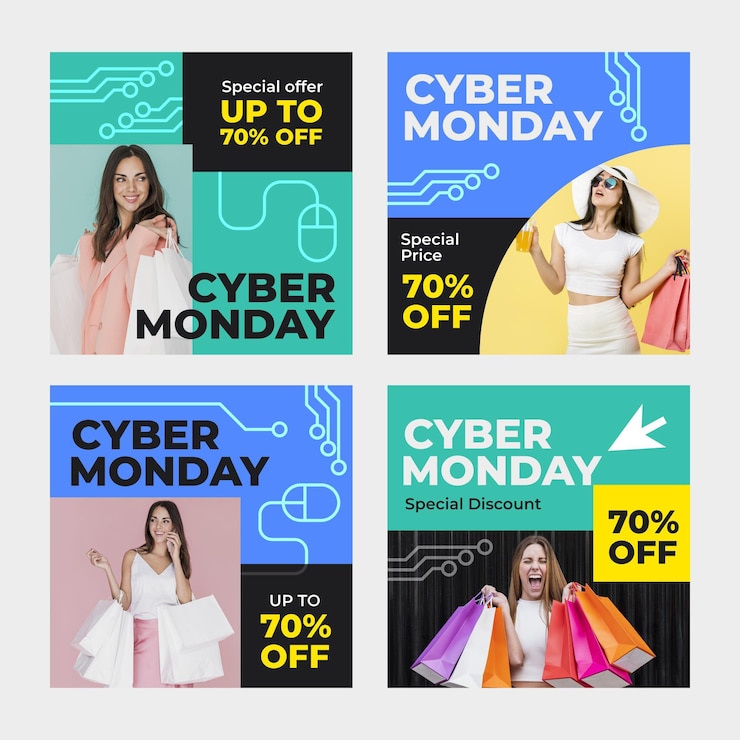 Vetor grátis coleção de postagens do instagram da cyber monday