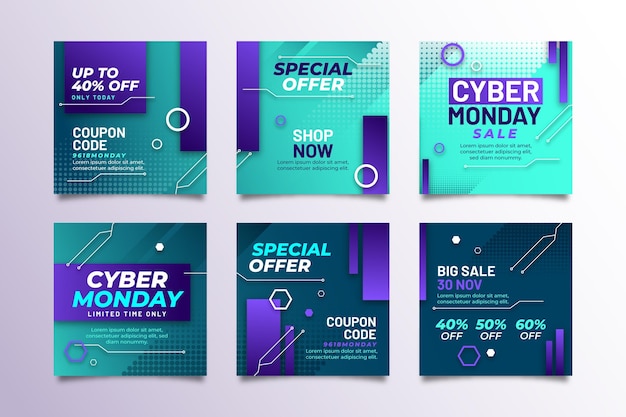 Vetor grátis coleção de postagens do instagram da cyber monday