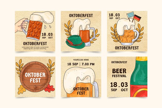 Coleção de postagens do instagram da Oktoberfest em aquarela