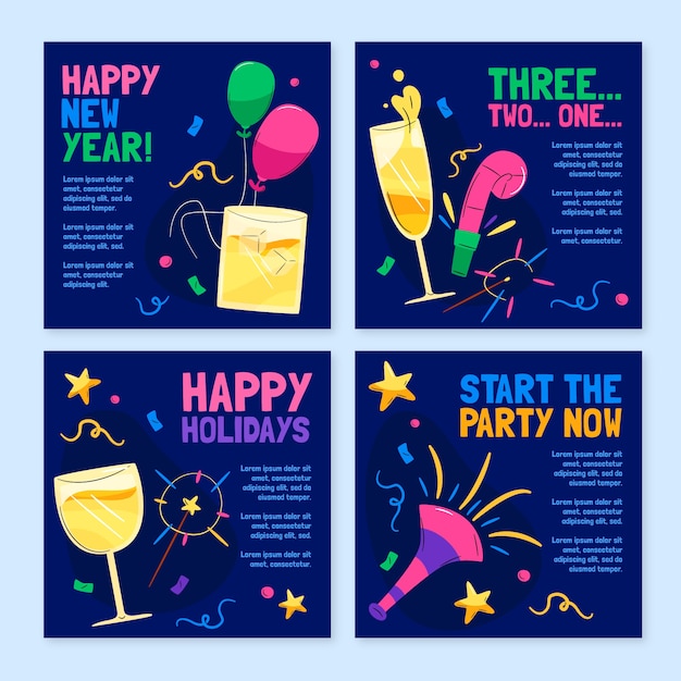 Coleção de postagens do Instagram de ano novo desenhada à mão