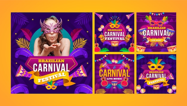 Coleção de postagens do instagram de carnaval gradiente