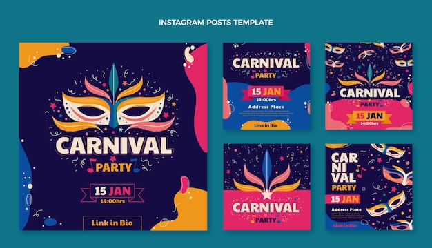 Coleção de postagens do Instagram de carnaval plana