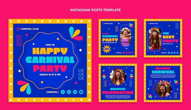 Coleção de postagens do instagram de carnaval plana