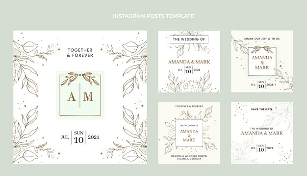 Coleção de postagens do Instagram de casamento desenhada à mão