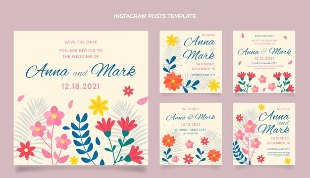 Coleção de postagens do Instagram de casamento desenhada à mão