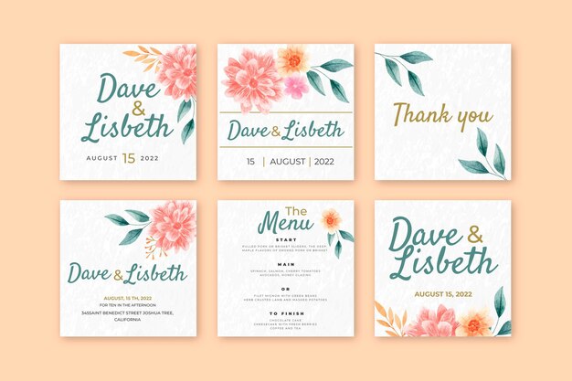 Coleção de postagens do Instagram de casamento floral