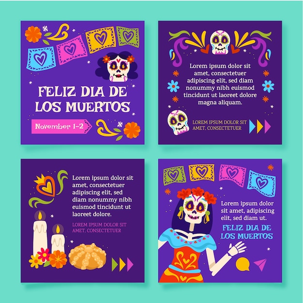 Vetor grátis coleção de postagens do instagram de celebração de dia de muertos plano