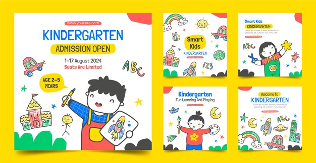 Coleção de postagens do instagram de creche desenhada à mão