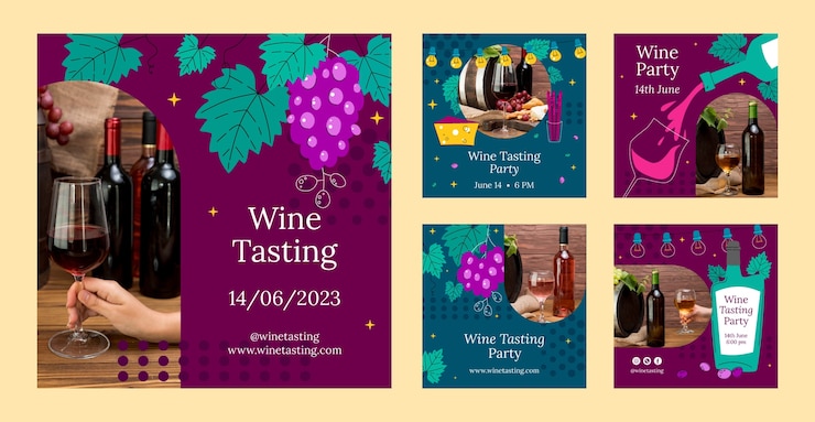 Vetor grátis coleção de postagens do instagram de degustação de vinhos e vinhedos