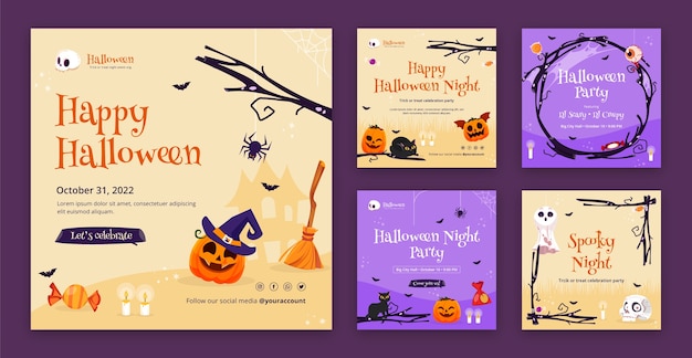 Vetor grátis coleção de postagens do instagram de design plano de celebração de halloween