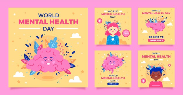 Coleção de postagens do instagram de design plano do dia mundial da saúde mental
