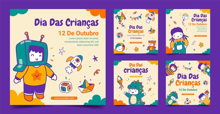 Vetor grátis coleção de postagens do instagram de dia das criancas desenhada à mão