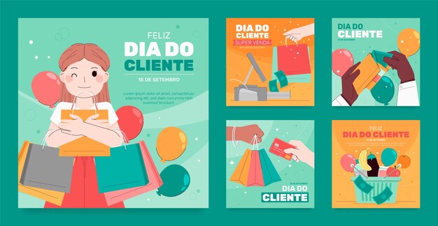 Coleção de postagens do instagram de dia do cliente venda plana