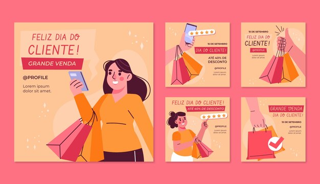 Coleção de postagens do instagram de dia plano do cliente