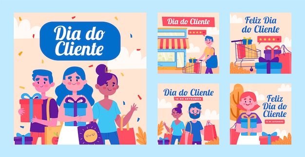 Vetor grátis coleção de postagens do instagram de dia plano do cliente