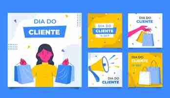 Vetor grátis coleção de postagens do instagram de dia plano do cliente