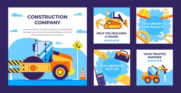 Coleção de postagens do instagram de empresa de construção plana