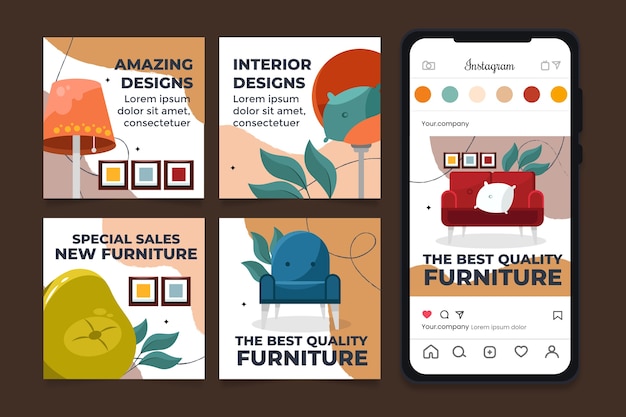 Vetor grátis coleção de postagens do instagram de empresa de design de interiores plana