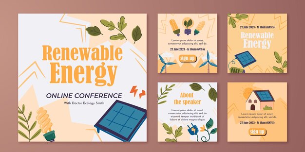 Coleção de postagens do Instagram de energia renovável desenhada à mão