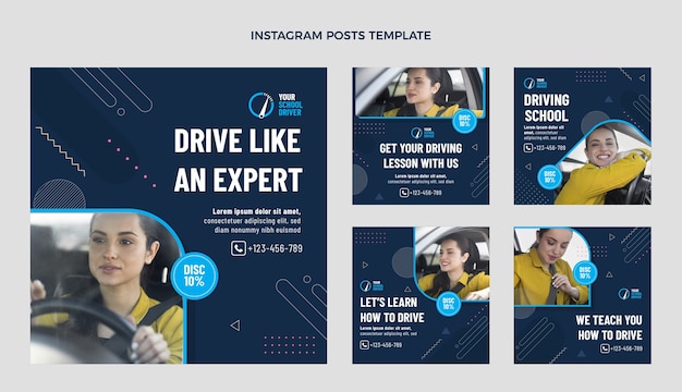 Coleção de postagens do instagram de escola de condução plana