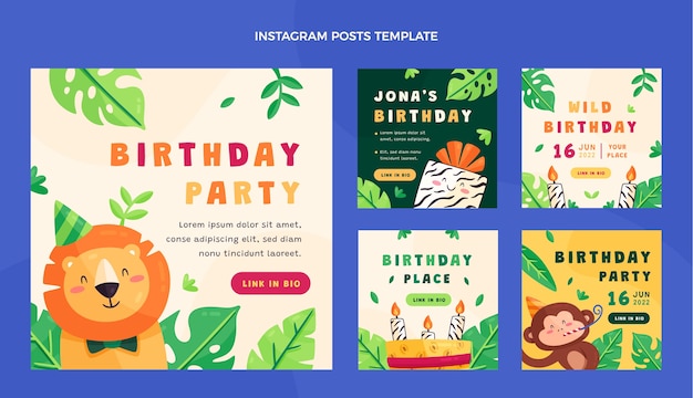 Coleção de postagens do instagram de festa de aniversário de selva plana