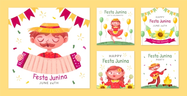 Coleção de postagens do instagram de festa junina em aquarela