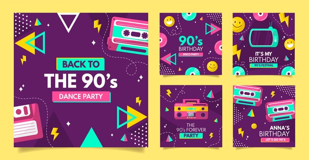 Coleção de postagens do instagram de festa plana dos anos 90