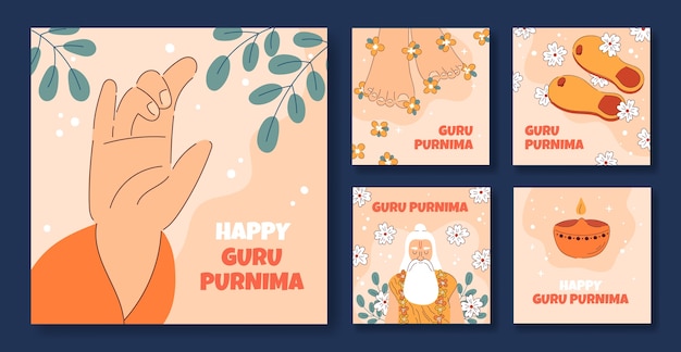 Coleção de postagens do instagram de guru purnima desenhada à mão