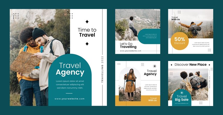 Vetor grátis coleção de postagens do instagram de negócios de agência de viagens