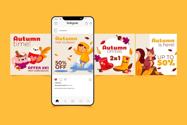 Vetor grátis coleção de postagens do instagram de outono em desenhos animados