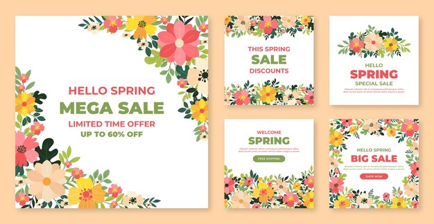 Coleção de postagens do instagram de primavera floral plana
